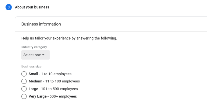 Select Business information during Google Analytics Property setting