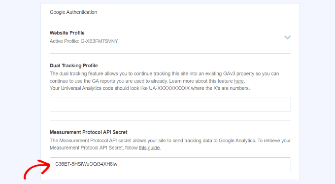 Enter Measurement protocol API secret code in MonsterInsights