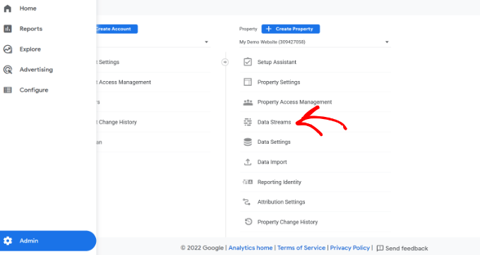 Choose Data Streams Option in Google Analytics