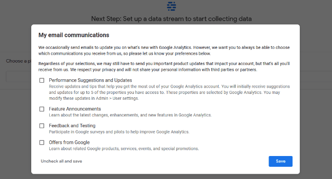 Set up which information you want to receive from Google team