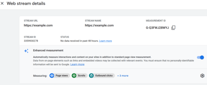 Web stream details after setup data stream